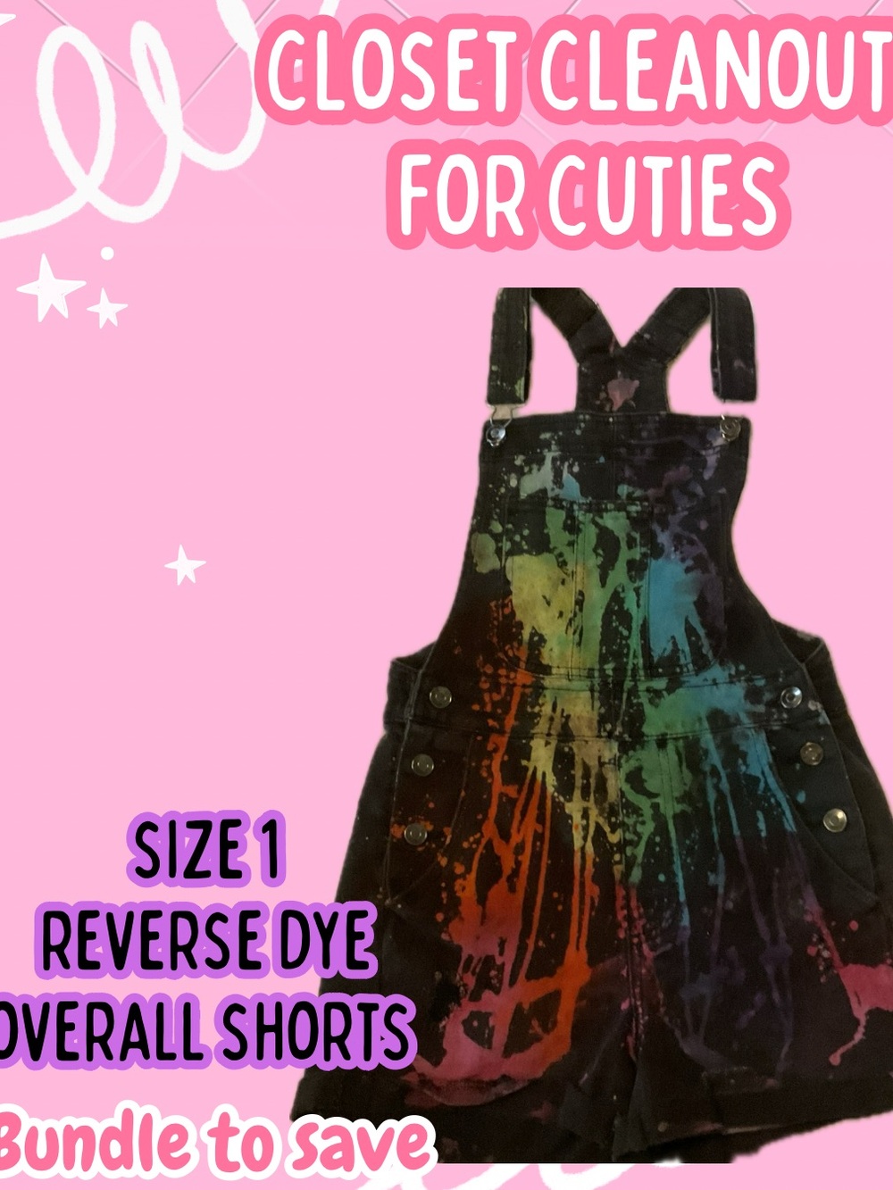 Black Reverse Dye Overall Shorts with Rainbow tie dye